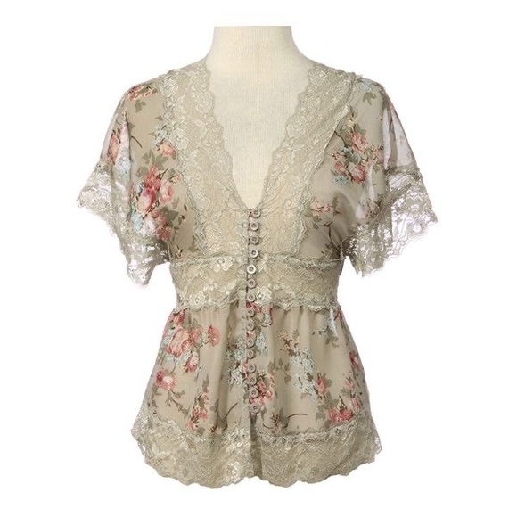 Passport Tops - Passport Beige Floral Lace-Trim V-Neck Blouse